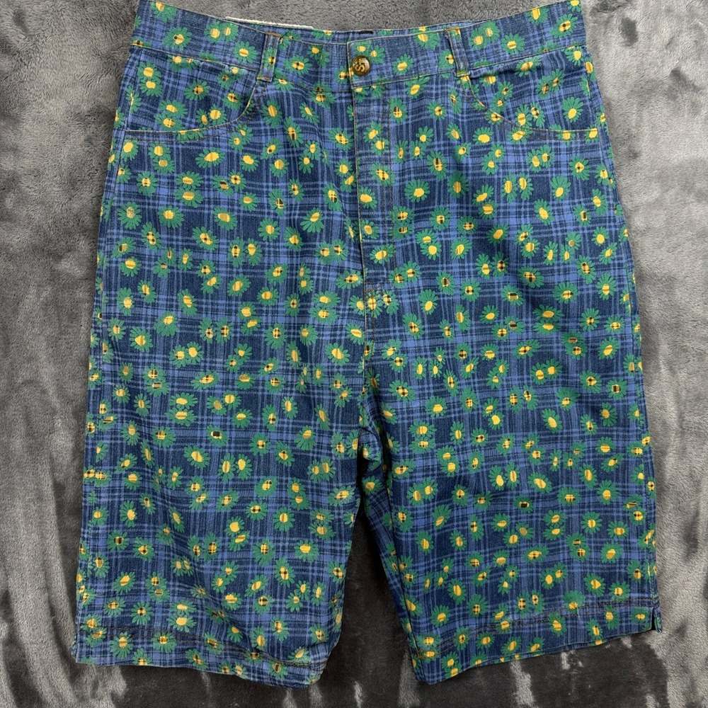 Smart Jeans Plaid Daisy Floral Shorts Mens 32 Blue Green Yellow Cotton Retro